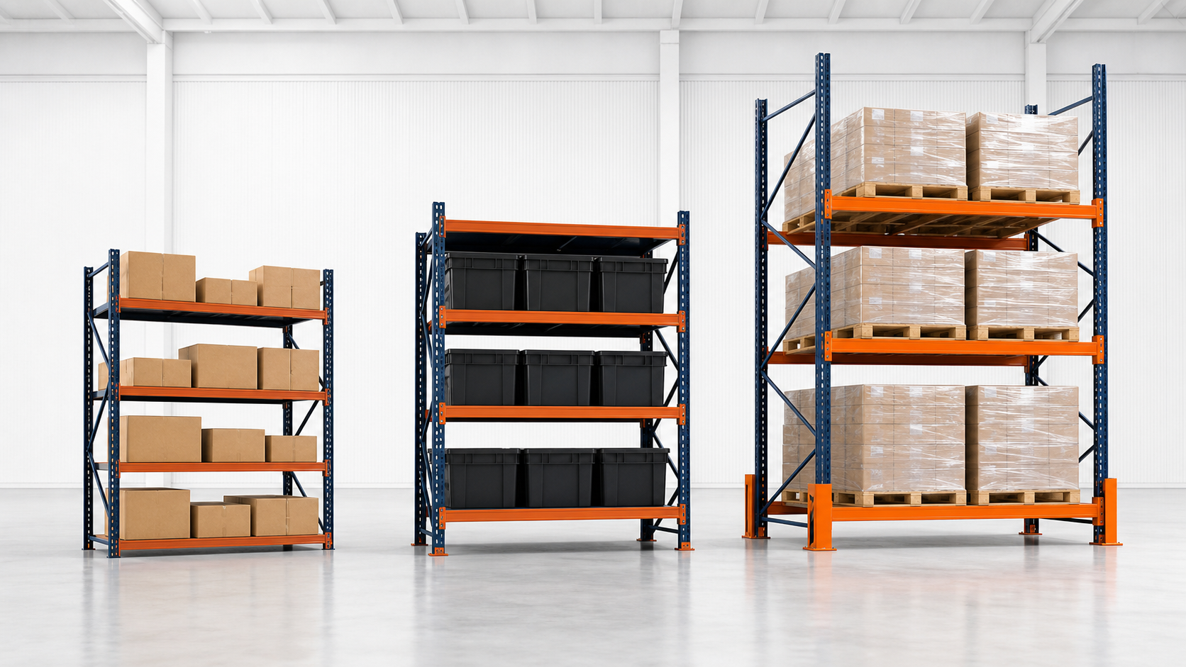 ภาพเปรียบเทียบ Medium Rack ชั้นวางเหล็ก 300kg ต่อชั้น และ Pallet Rack สำหรับคลังสินค้า